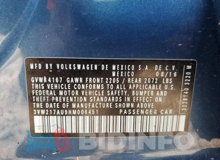 3VW217AU9HM006451 Photo# 13