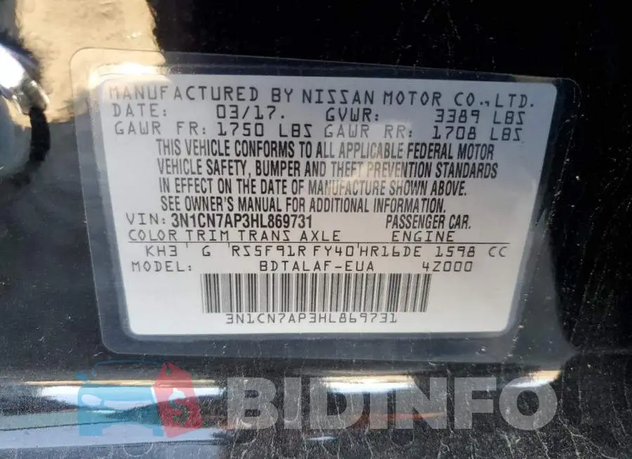 3N1CN7AP3HL869731 Photo# 12