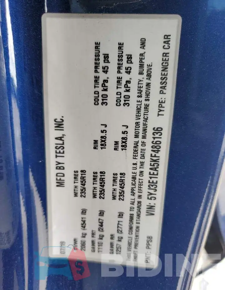 5YJ3E1EA5KF486136 Photo# 12