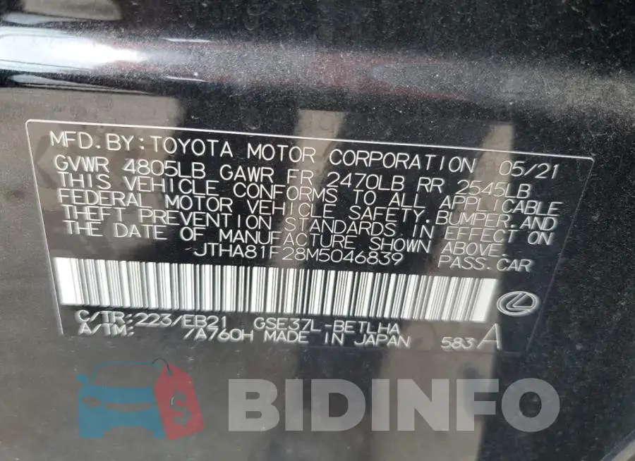 JTHA81F28M5046839 Photo# 12
