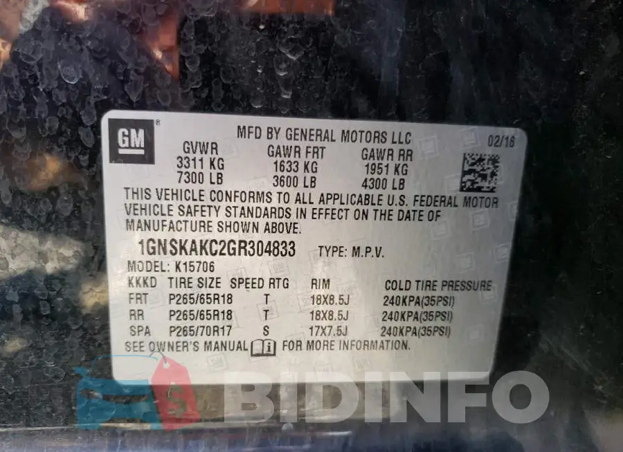 1GNSKAKC2GR304833 Photo# 13