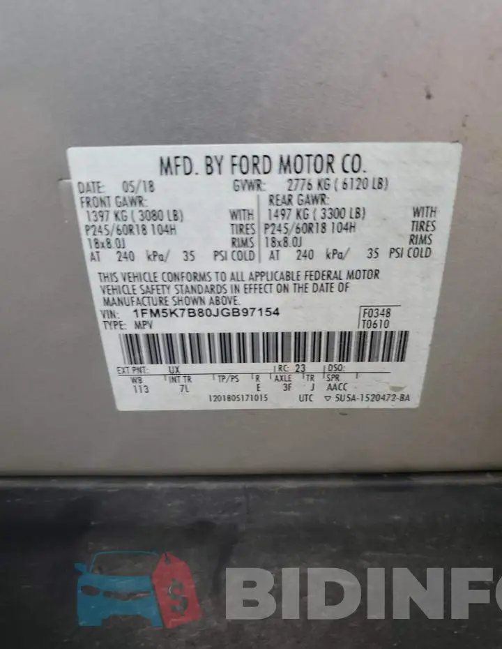 1FM5K7B80JGB97154 Photo# 14