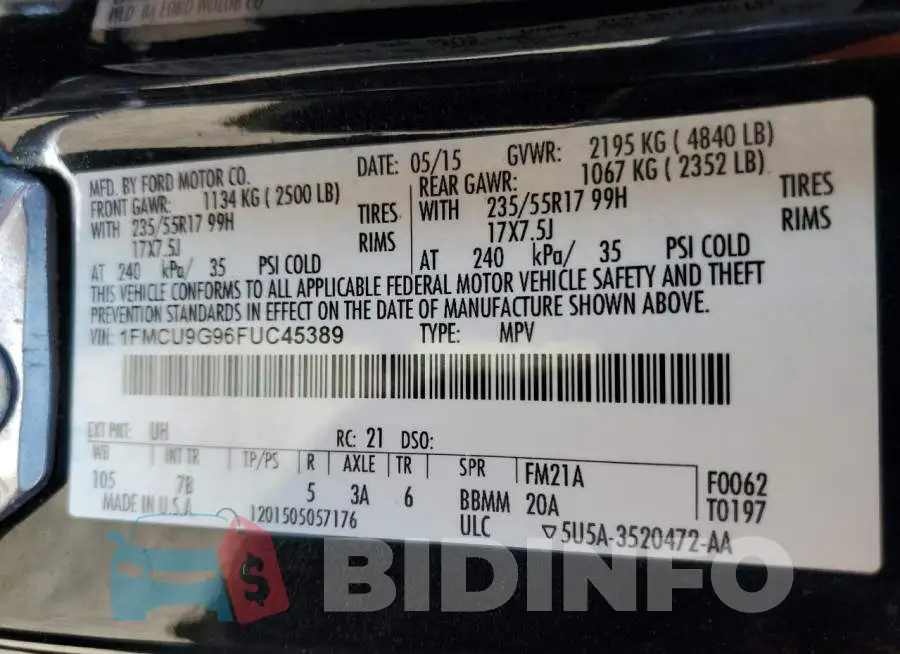 1FMCU9G96FUC45389 Photo# 13