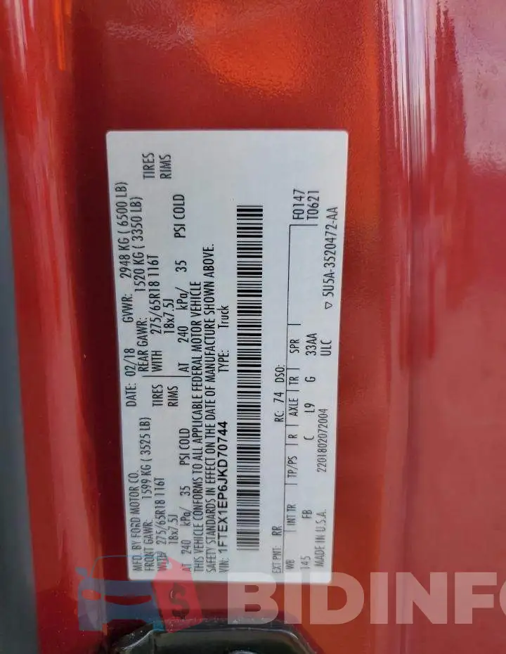 1FTEX1EP6JKD70744 Photo# 12