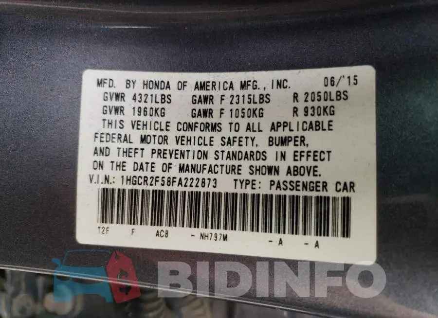 1HGCR2F58FA222873 Photo# 13