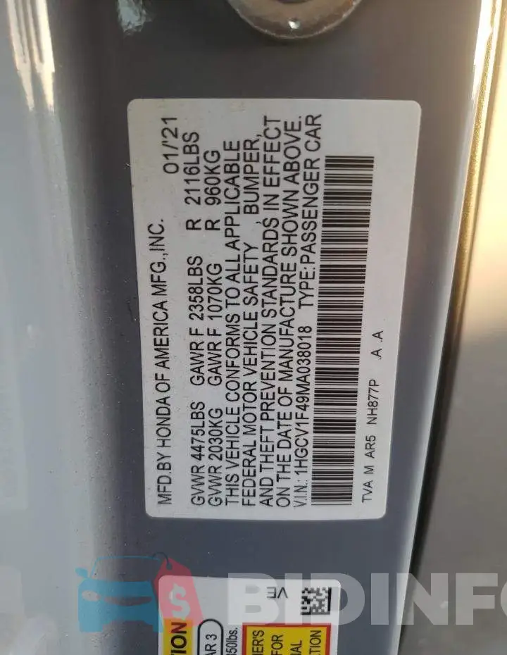 1HGCV1F49MA038018 Photo# 12