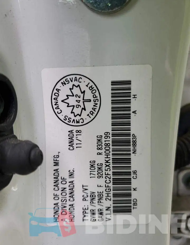 2HGFC2F5XKH008199 Photo# 13