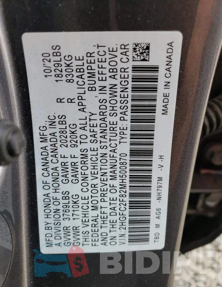 2HGFC2F82MH500870 Photo# 12