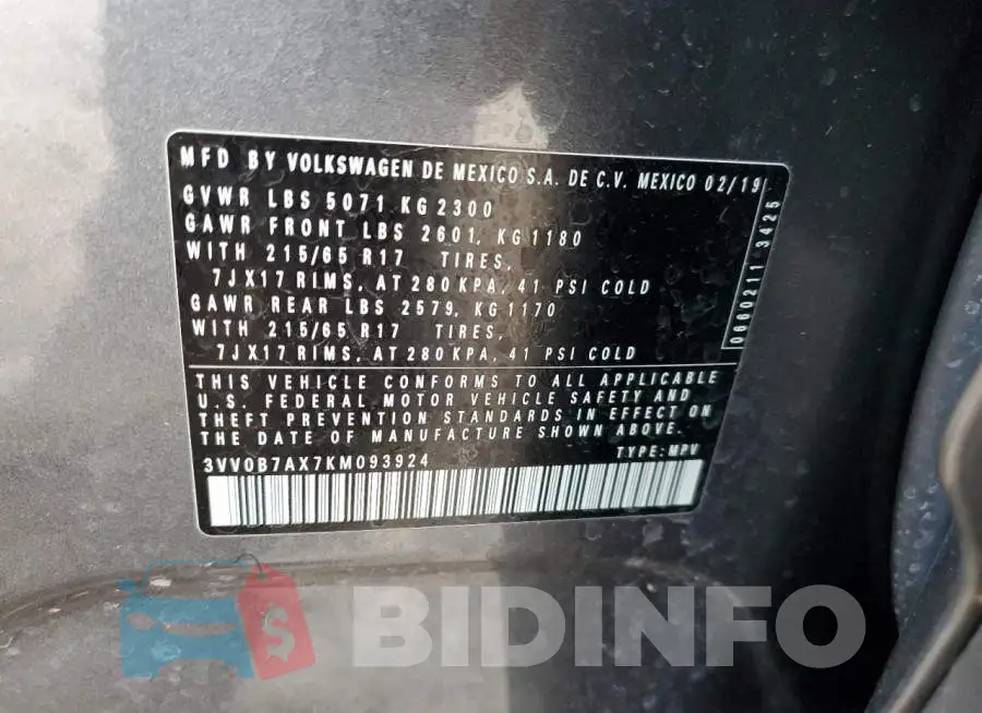 3VV0B7AX7KM093924 Photo# 12