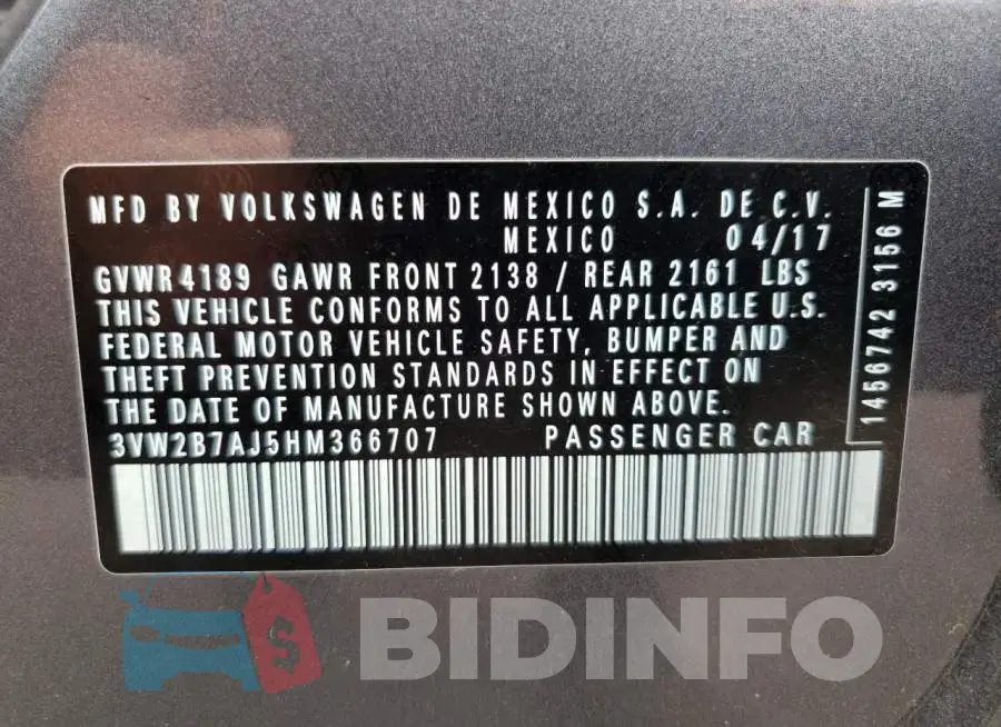 3VW2B7AJ5HM366707 Photo# 12