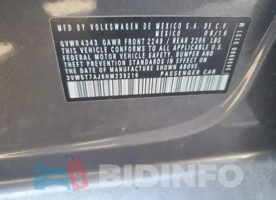 3VW5T7AJ6HM239216 Photo# 12
