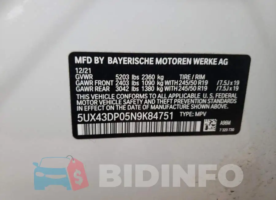5UX43DP05N9K84751 Photo# 12
