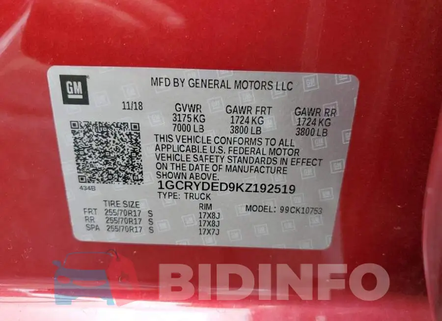 1GCRYDED9KZ192519 Photo# 12