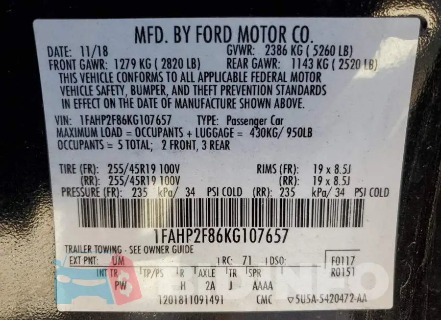 1FAHP2F86KG107657 Photo# 13