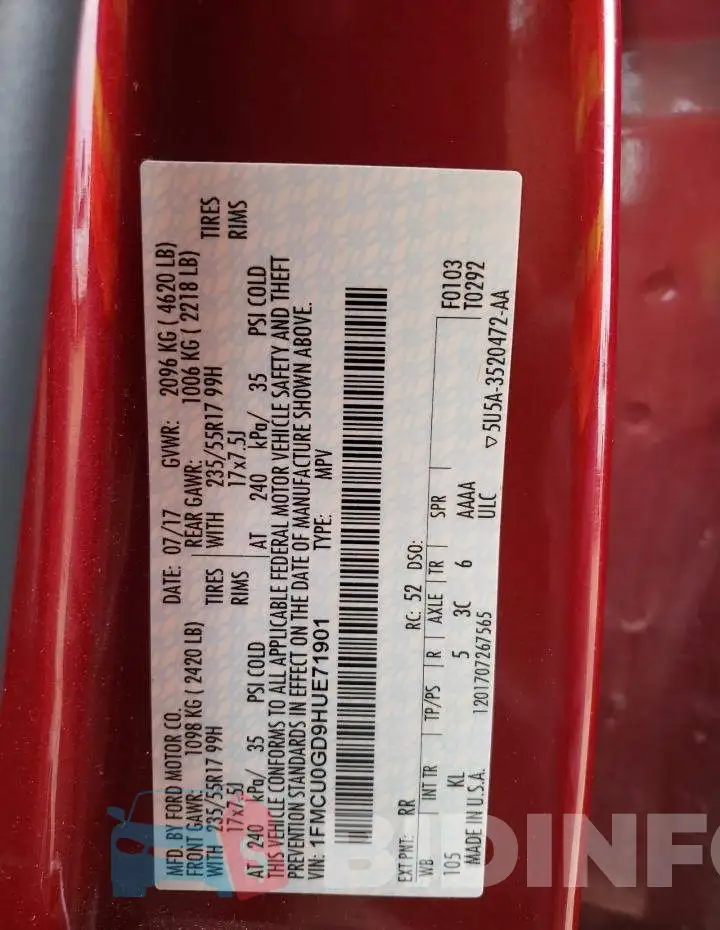 1FMCU0GD9HUE71901 Photo# 13