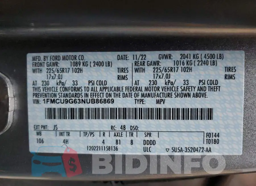 1FMCU9G63NUB86869 Photo# 13
