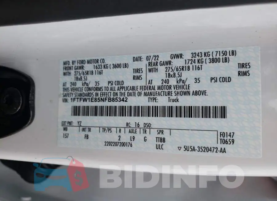 1FTFW1E85NFB85342 Photo# 12
