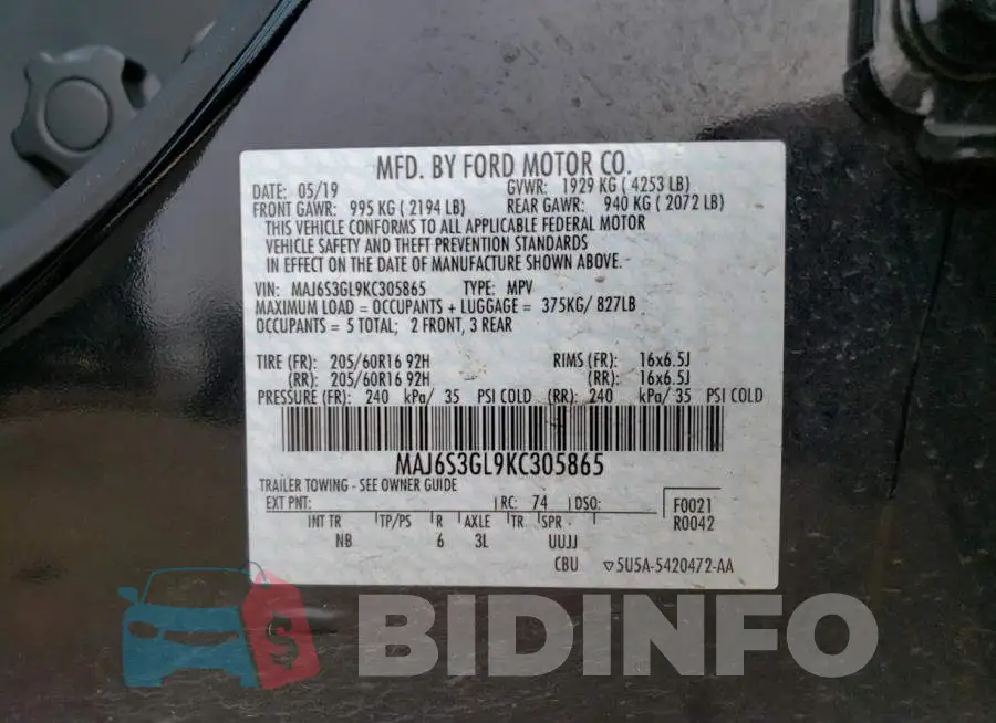 MAJ6S3GL9KC305865 Photo# 13