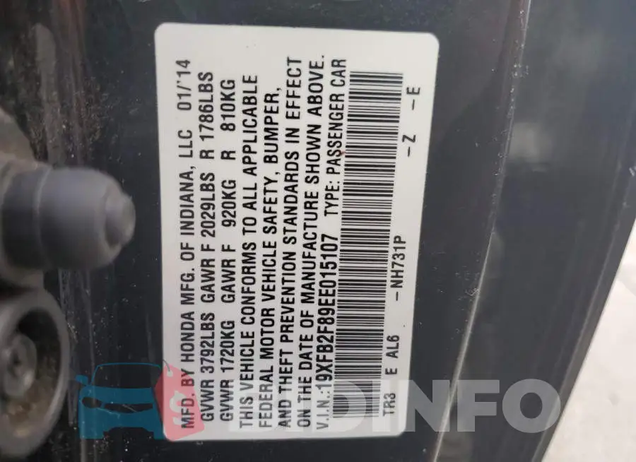 19XFB2F89EE015107 Photo# 13