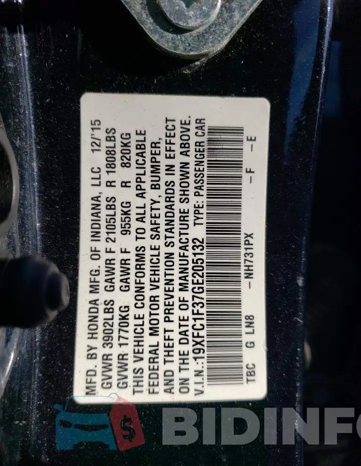 19XFC1F37GE205132 Photo# 12