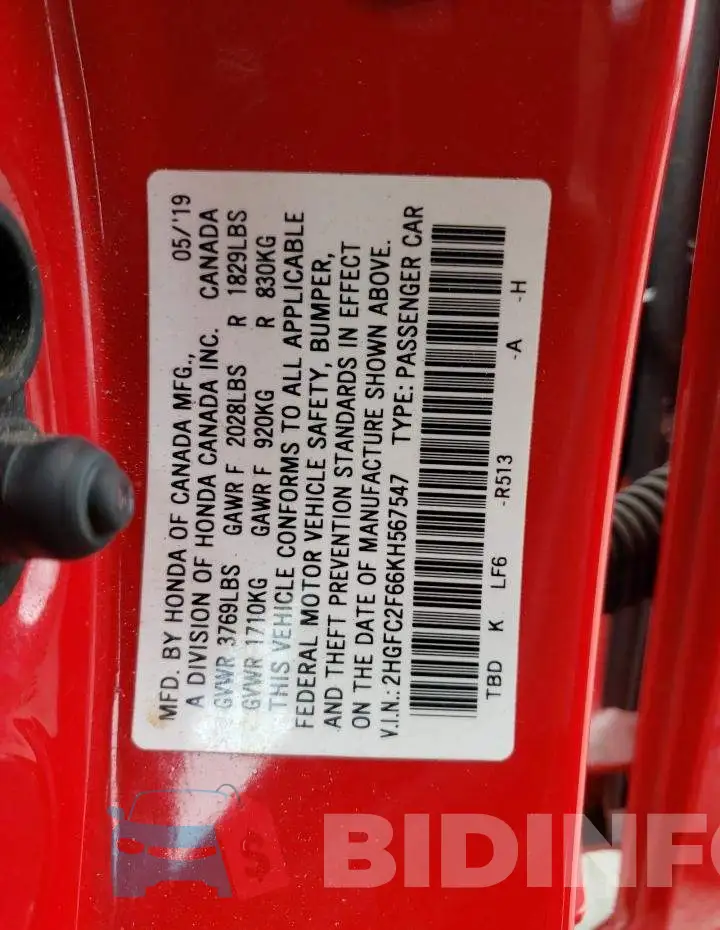 2HGFC2F66KH567547 Photo# 12