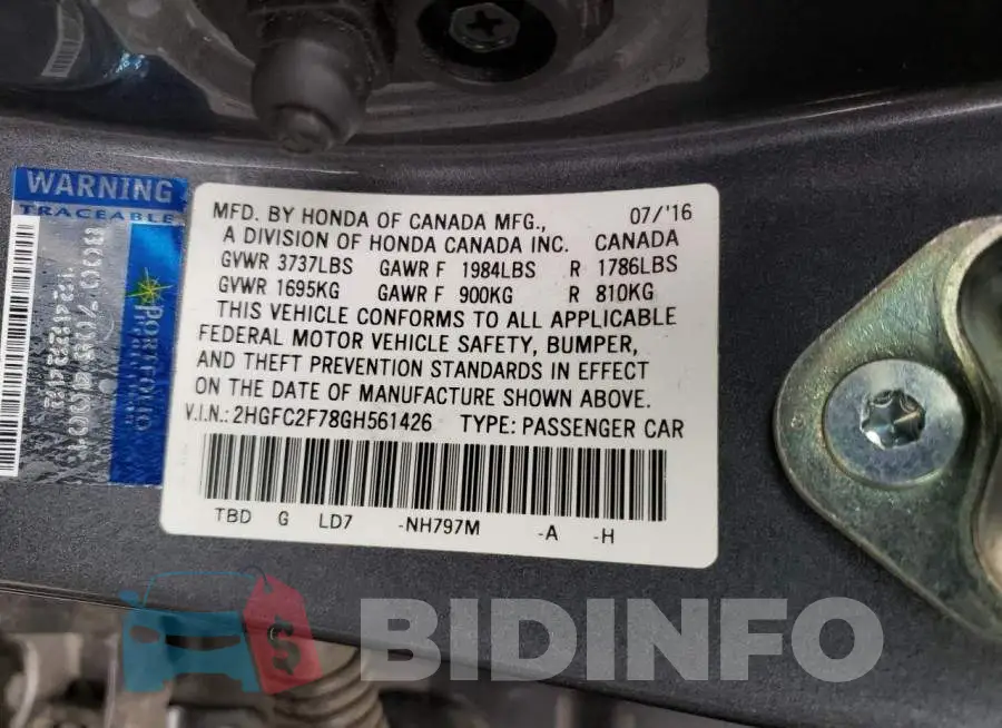 2HGFC2F78GH561426 Photo# 12