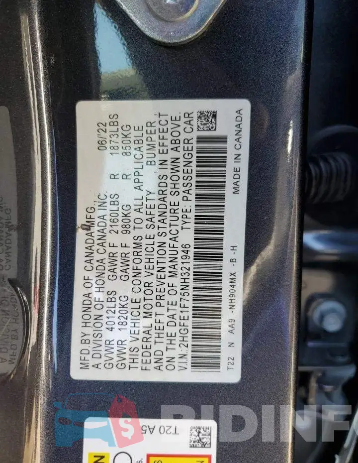 2HGFE1F75NH321946 Photo# 12
