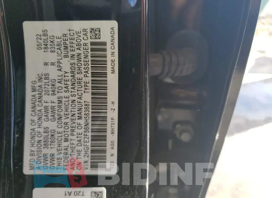 2HGFE2F56NH583687 Photo# 13