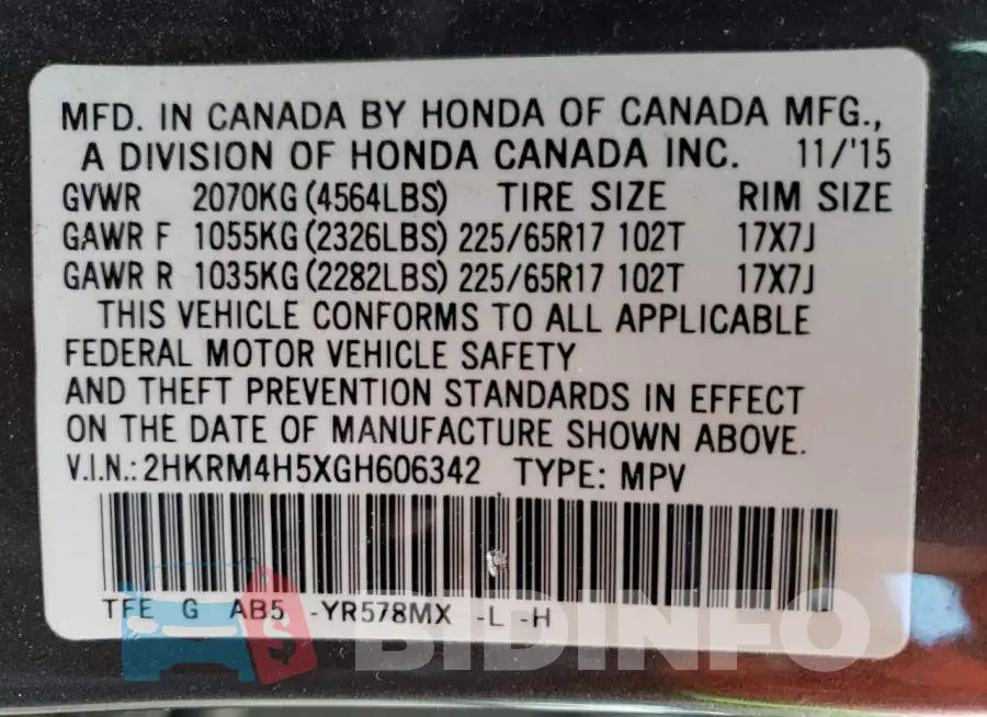 2HKRM4H5XGH606342 Photo# 13