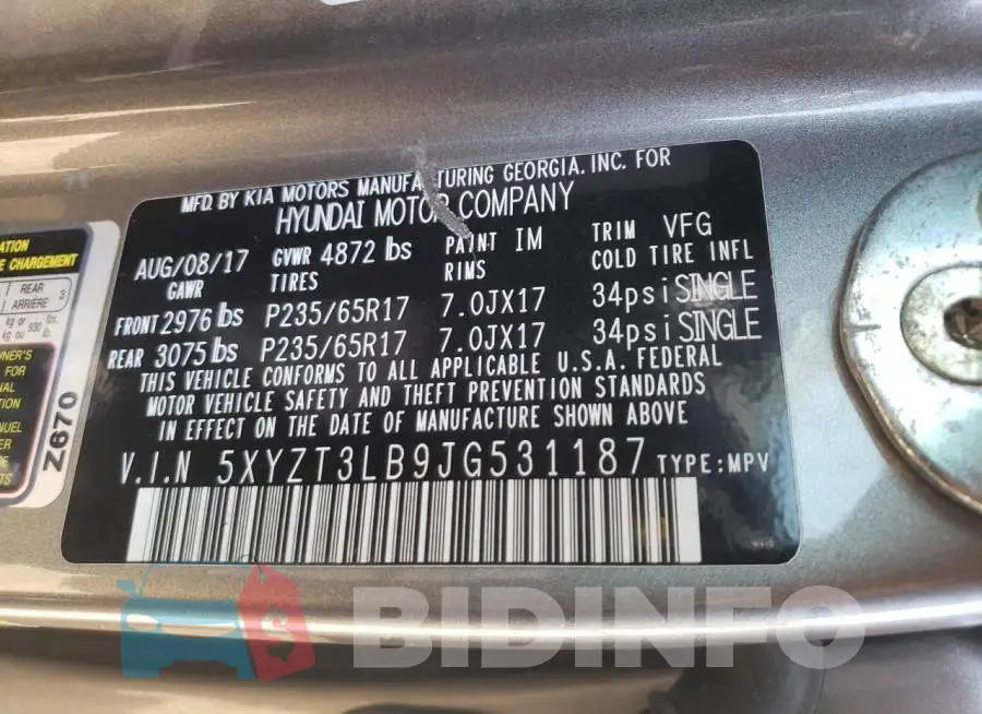 5XYZT3LB9JG531187 Photo# 12