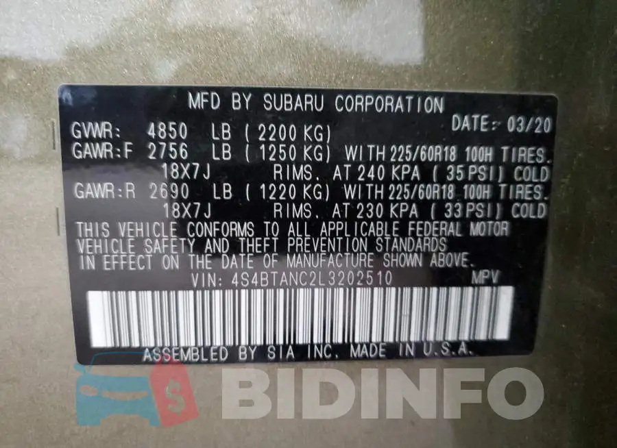 4S4BTANC2L3202510 Photo# 12