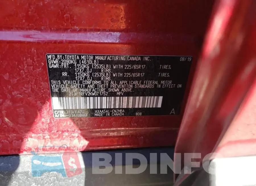 2T3P1RFV2KW071752 Photo# 12
