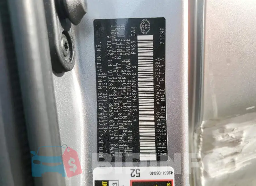 4T1B11HK9KU764616 Photo# 12