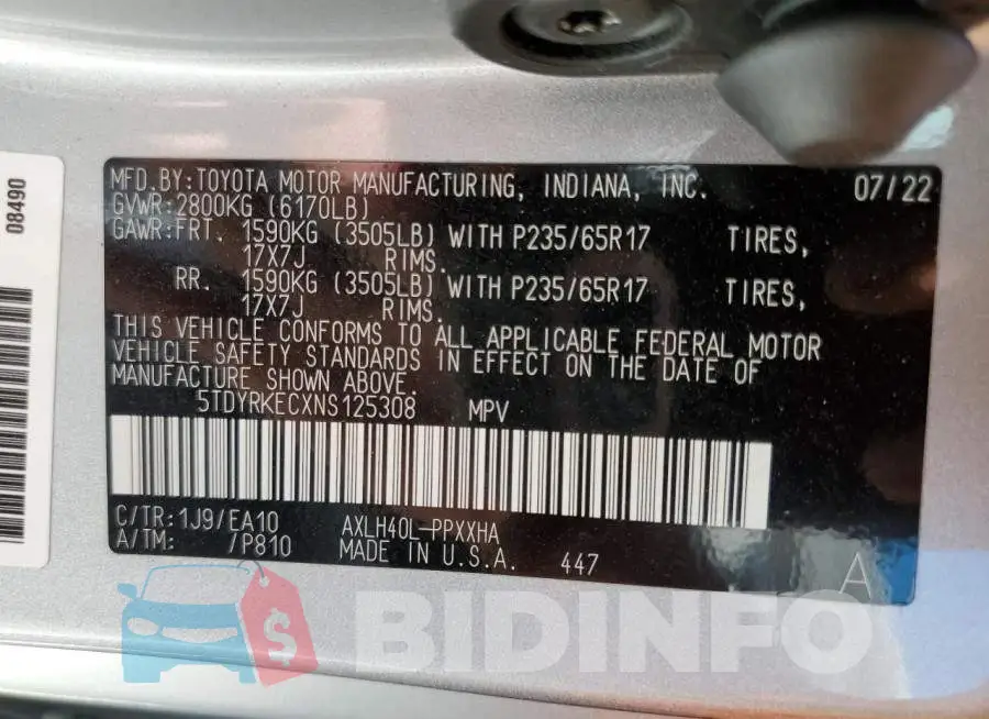 5TDYRKECXNS125308 Photo# 13