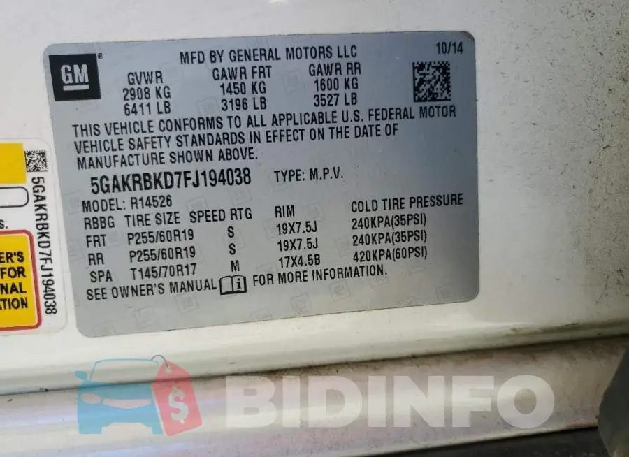 5GAKRBKD7FJ194038 Photo# 13
