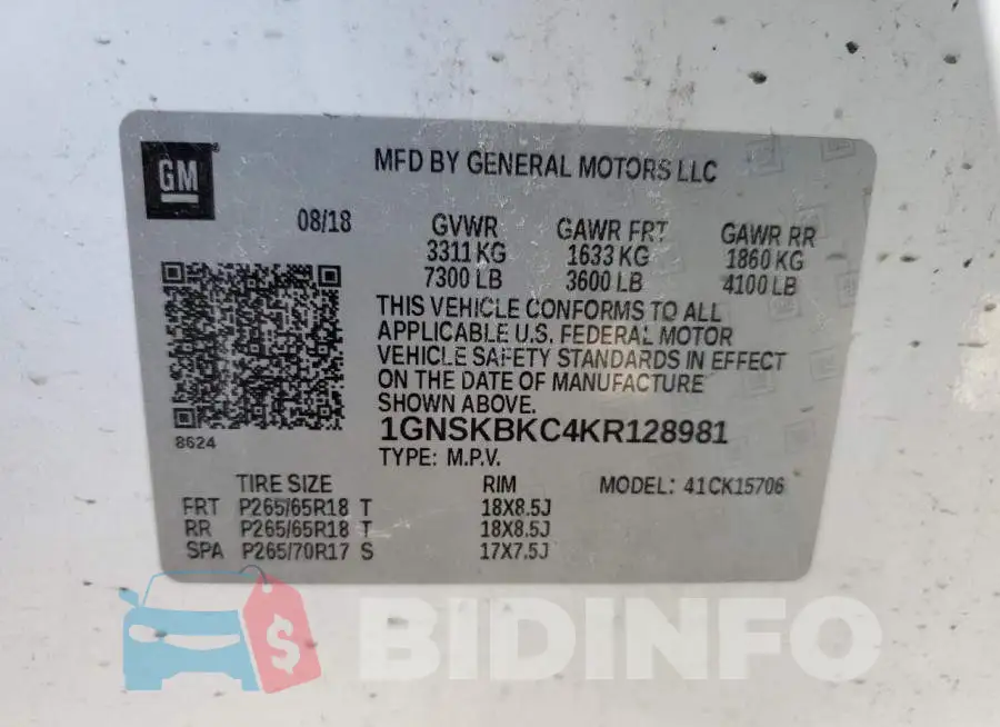 1GNSKBKC4KR128981 Photo# 14