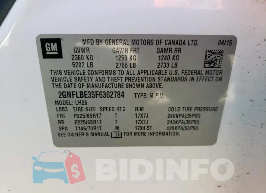 2GNFLBE35F6362784 Photo# 12