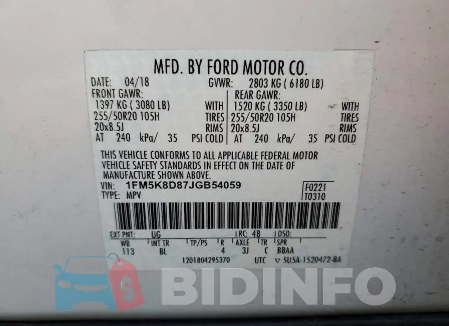 1FM5K8D87JGB54059 Photo# 12