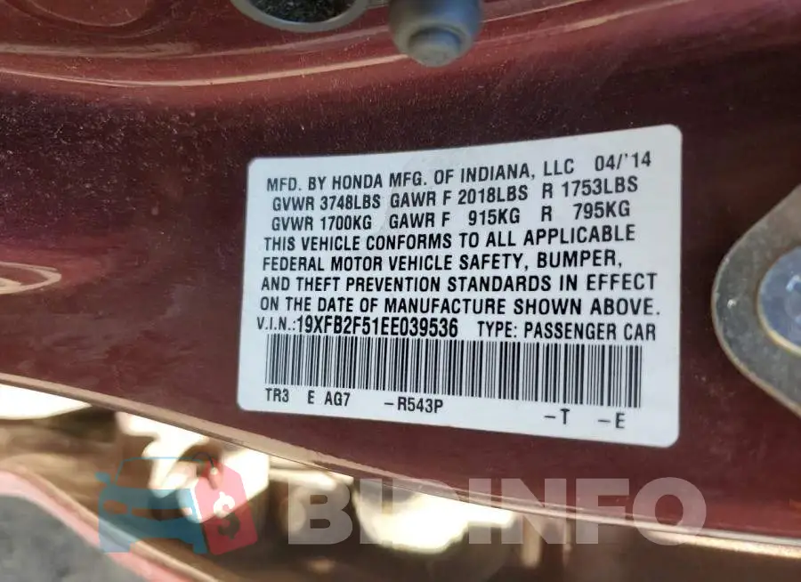 19XFB2F51EE039536 Photo# 12