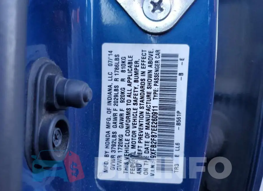 19XFB2F87EE260911 Photo# 13