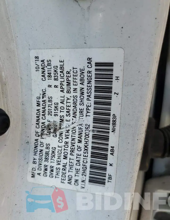 2HGFC1E5XKH700362 Photo# 13