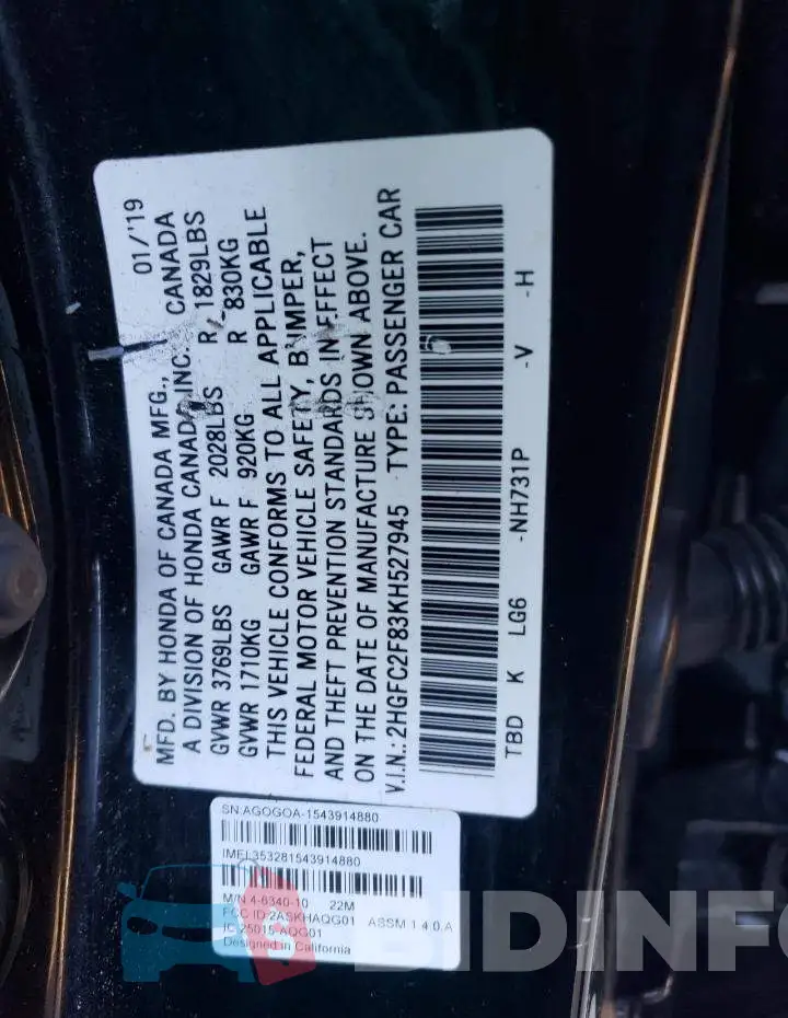 2HGFC2F83KH527945 Photo# 12