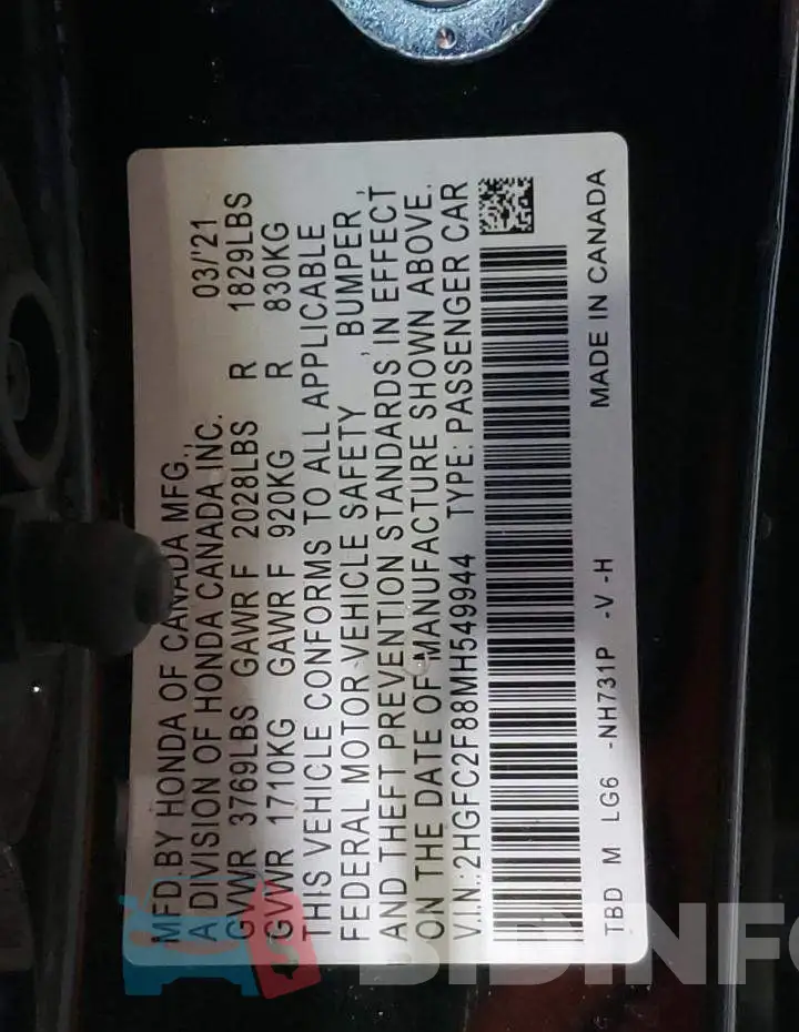 2HGFC2F88MH549944 Photo# 12