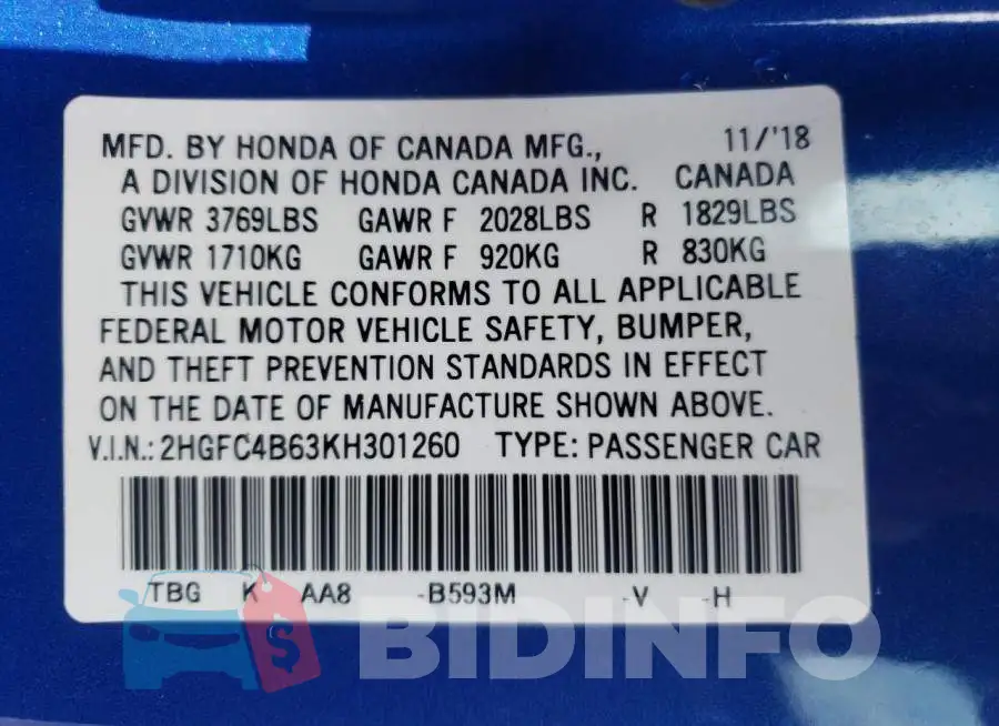 2HGFC4B63KH301260 Photo# 13
