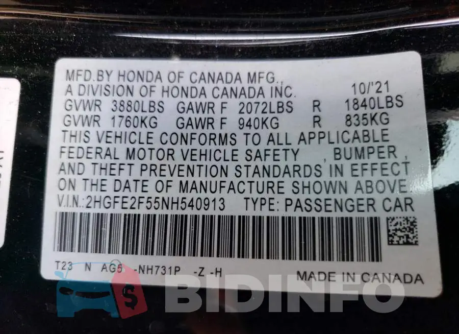 2HGFE2F55NH540913 Photo# 12