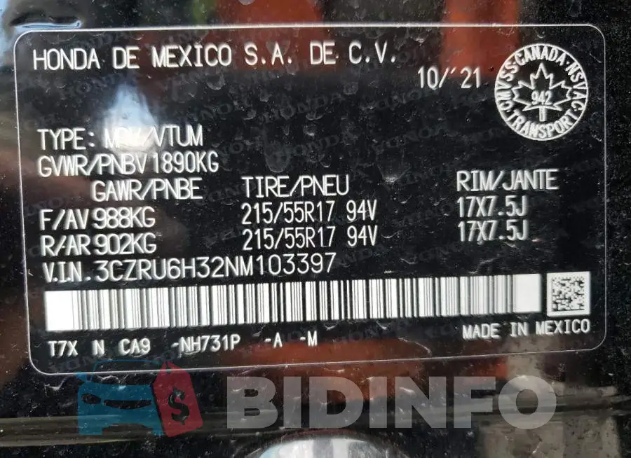 3CZRU6H32NM103397 Photo# 14