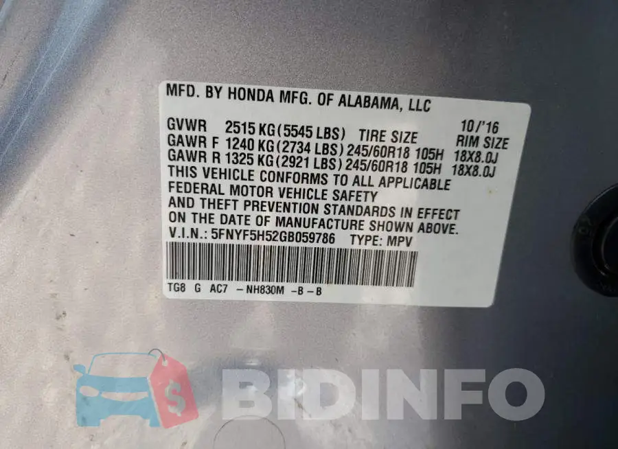 5FNYF5H52GB059786 Photo# 13