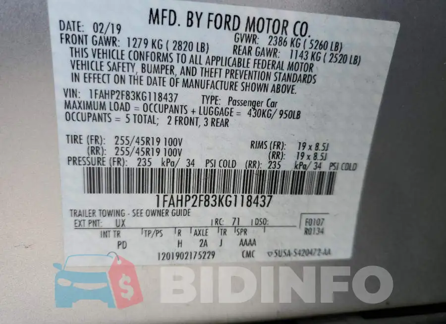 1FAHP2F83KG118437 Photo# 12