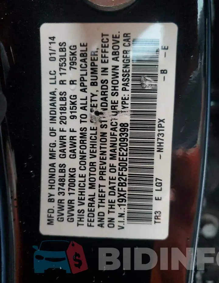 19XFB2F50EE209398 Photo# 12