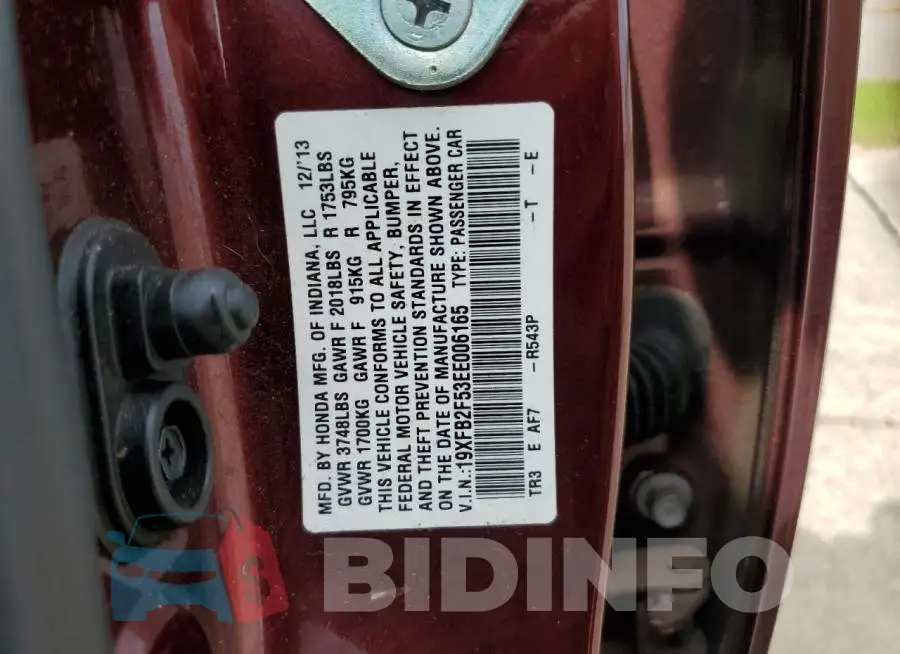 19XFB2F53EE006165 Photo# 12